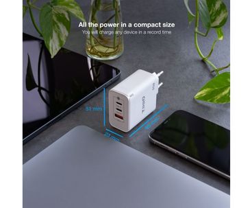 CARGADOR PARED/VIAJE GaN 2xUSB-C/PD + USB-A/QC 65W BLANCO TOOQ
