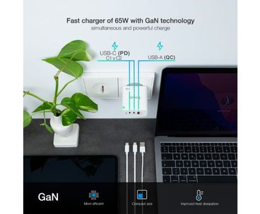 CARGADOR PARED/VIAJE GaN 2xUSB-C/PD + USB-A/QC 65W BLANCO TOOQ